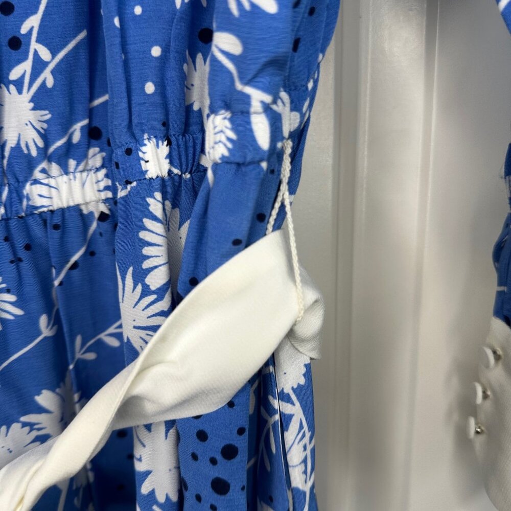 Capri Blue & White Dancing Flowers Belted Fit & Flare Shirtdress - NEW - Picture 6 of 12